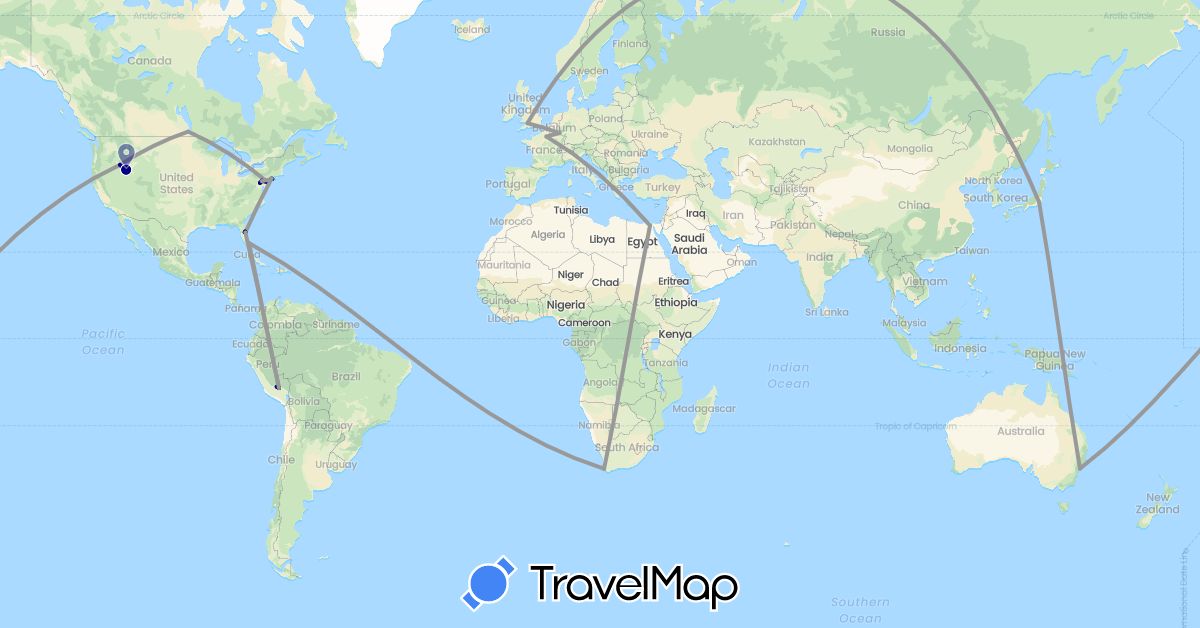 TravelMap itinerary: driving, plane in Australia, Canada, Egypt, France, United Kingdom, Japan, Luxembourg, Peru, United States, South Africa (Africa, Asia, Europe, North America, Oceania, South America)